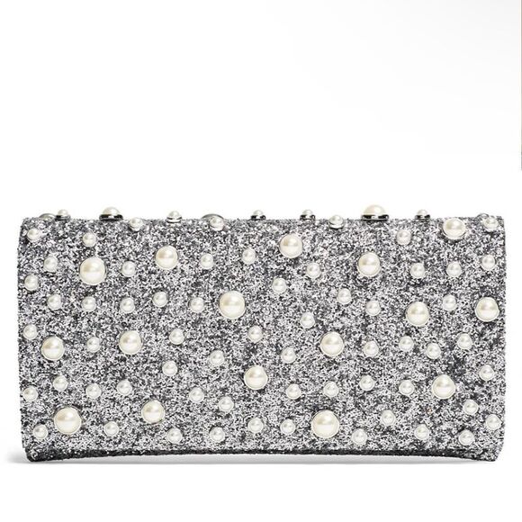 Sondra Roberts Handbags - Sondra Roberts Pearl Silver Glitter w/Raised pearl Accents Clutch/Shoulder Bag